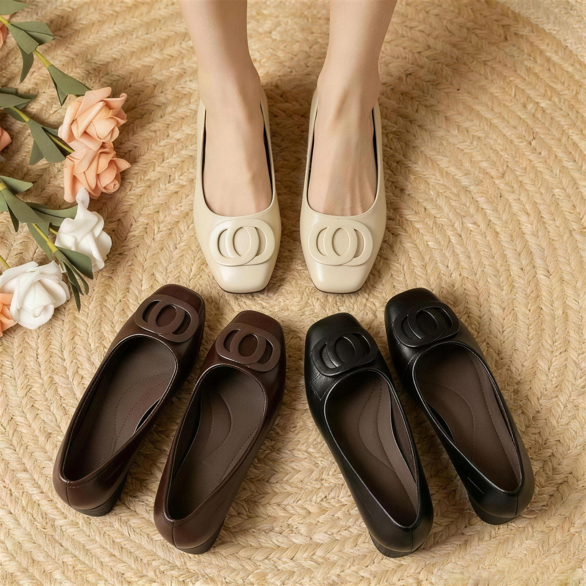 Colette flats in all three colours: Cream, Brown and Black