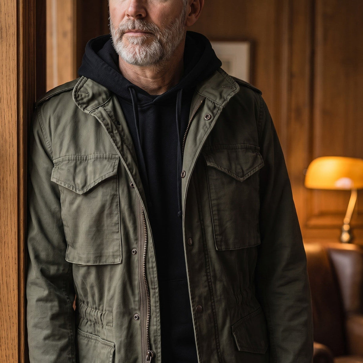 Man wearing the Hadley field jacket over a hoodie
