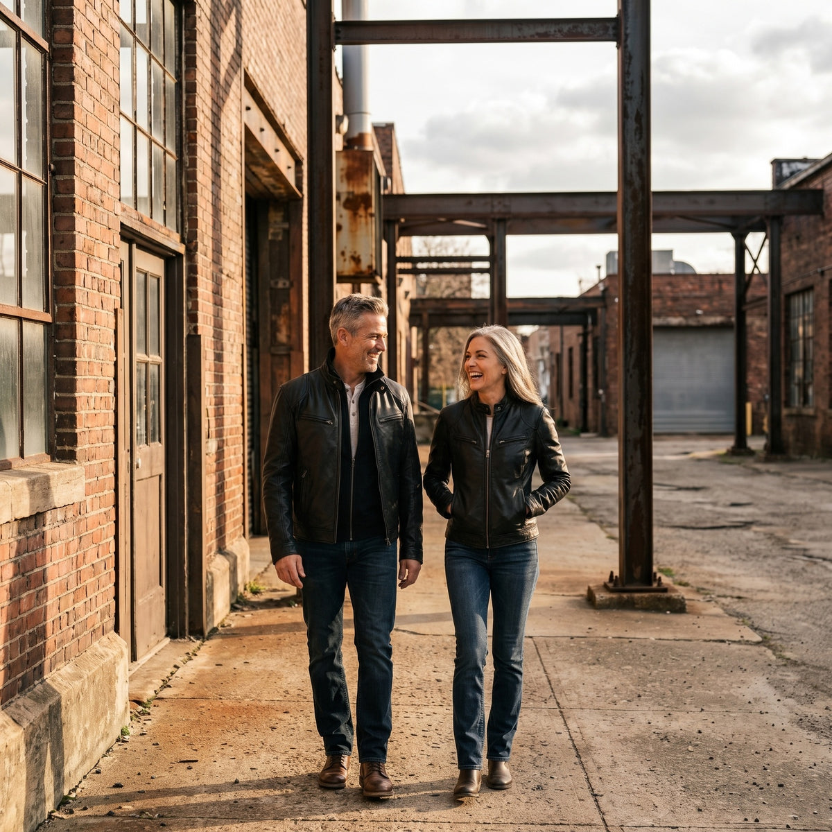 Couple walking in Julian leather jackets