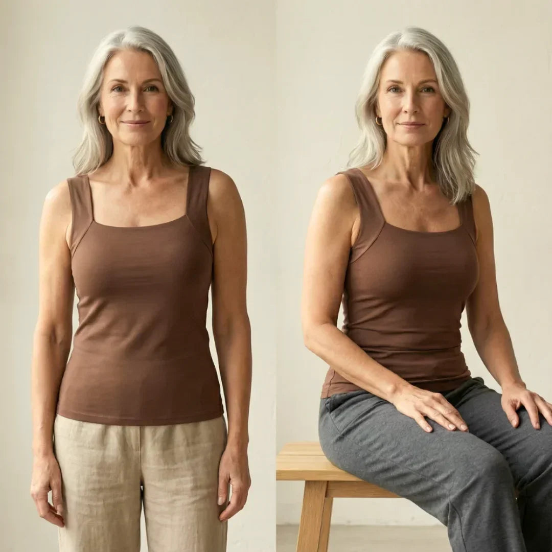 Rosalind tank top standing and seated