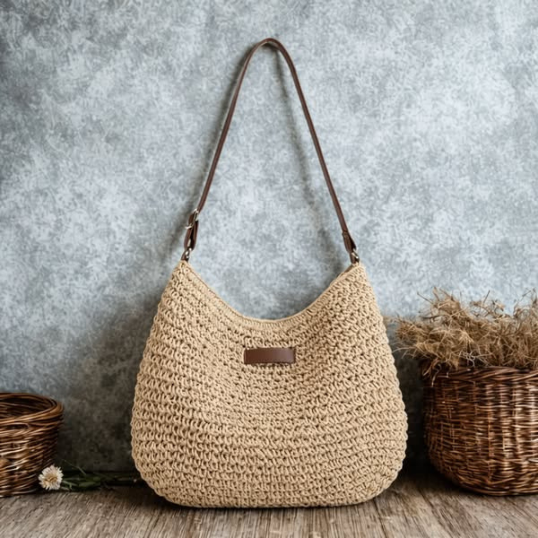 Sienna woven bag in beige, front view