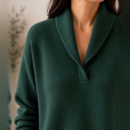 Close-up of the V-neckline and knit