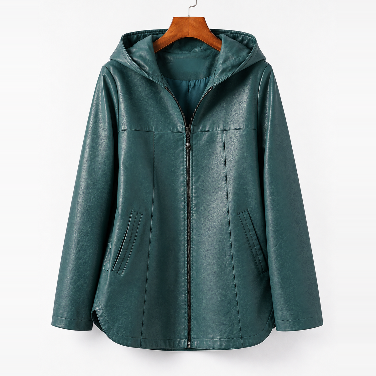 Raven Hooded Longline Leather Jacket Blue