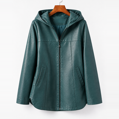Raven Hooded Longline Leather Jacket Blue