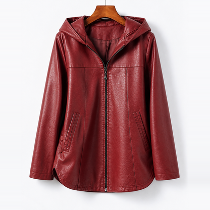 Raven Hooded Longline Leather Jacket Red