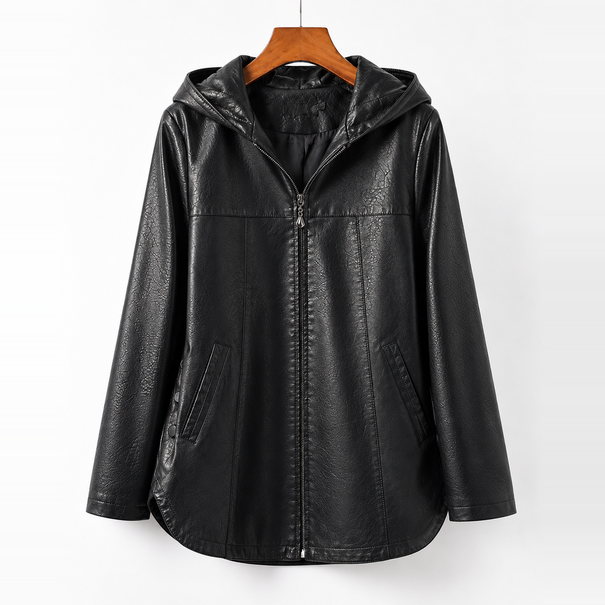 Raven Hooded Longline Leather Jacket Black