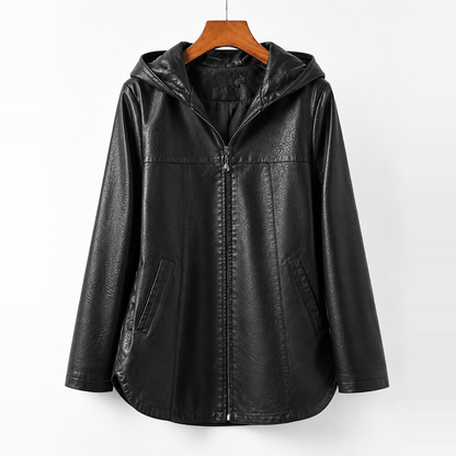 Raven Hooded Longline Leather Jacket Black