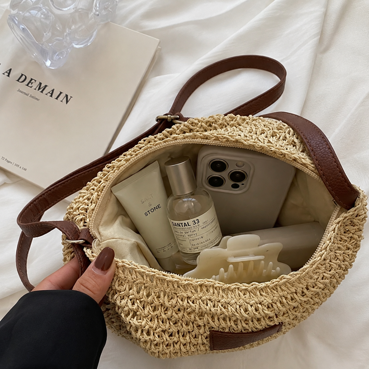 Sienna woven bag open, showing the lined interior