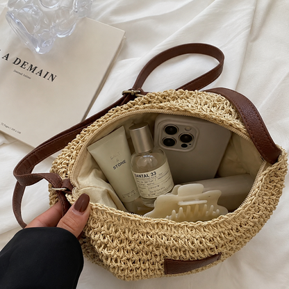 Sienna woven bag open, showing the lined interior
