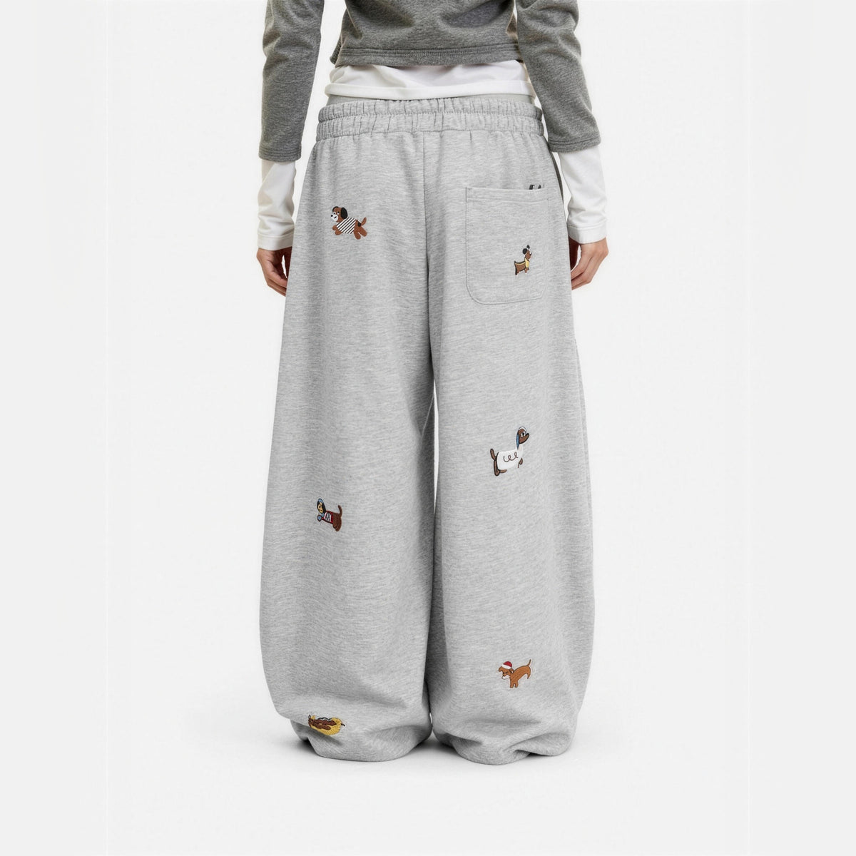 Amalia embroidered pup barrel sweatpants in grey, worn from behind