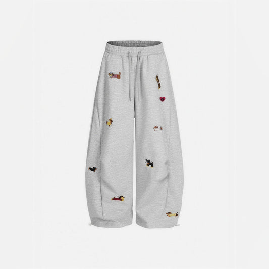 Amalia embroidered pup barrel sweatpants in grey, flat front