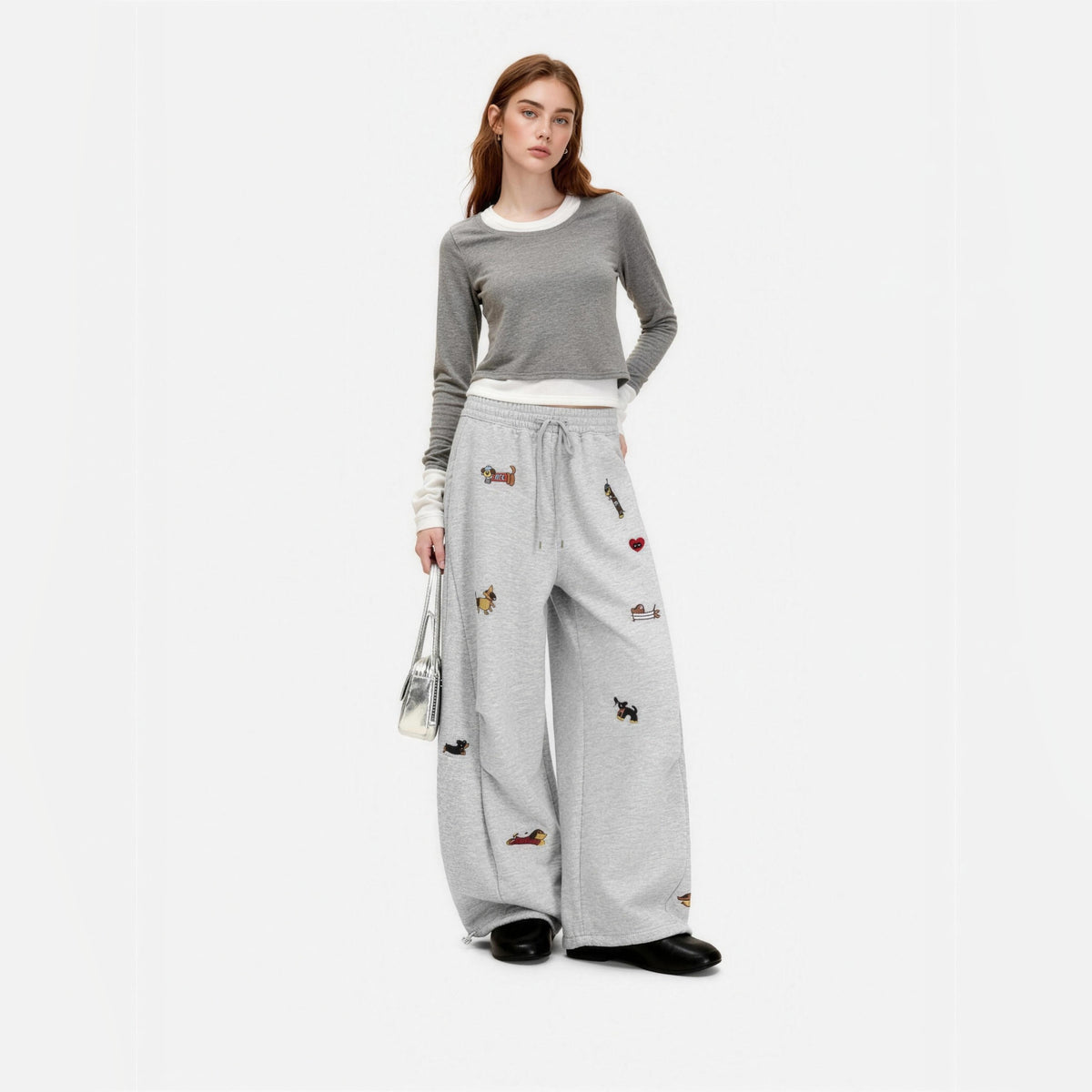 Amalia embroidered pup barrel sweatpants in grey, worn