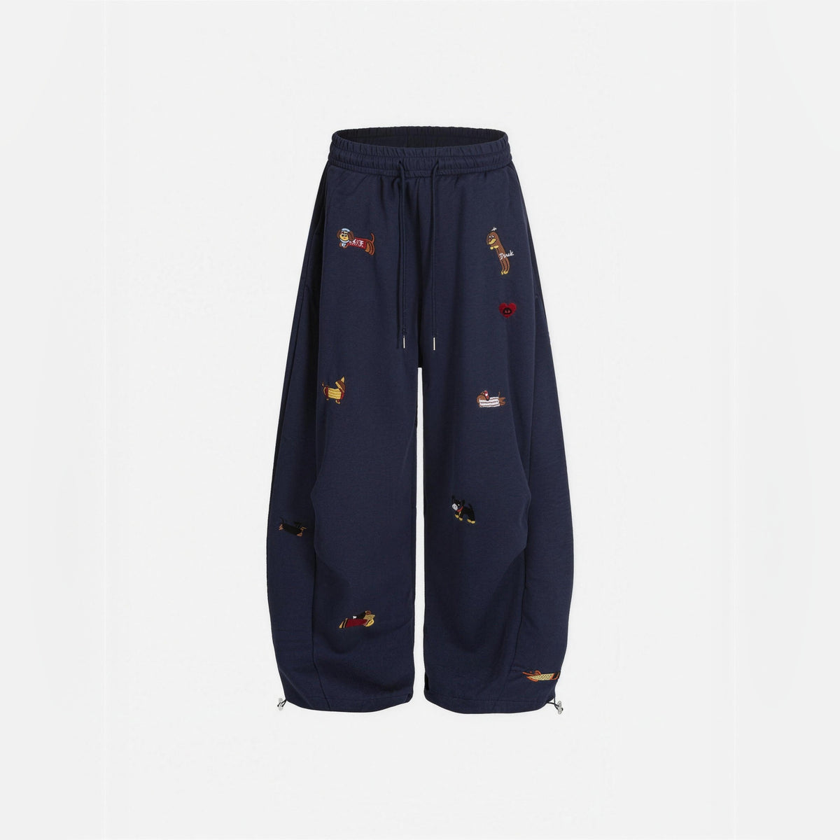 Amalia embroidered pup barrel sweatpants in navy blue, flat front