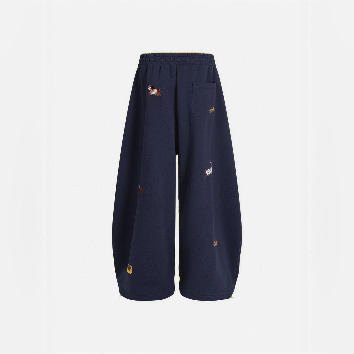 Amalia embroidered pup barrel sweatpants in navy blue, flat back