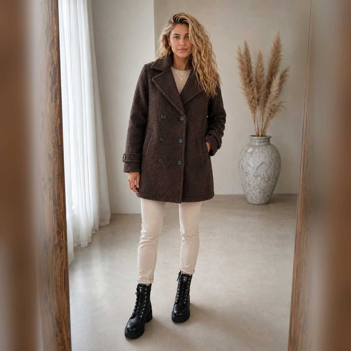 Aurelia Cozy Jacket in Brown, worn