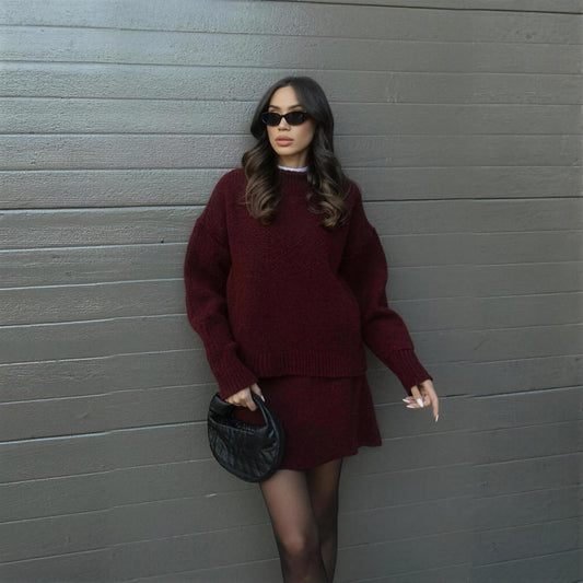 Beatrix cosy knit co-ord set in burgundy, oversized jumper and mini skirt