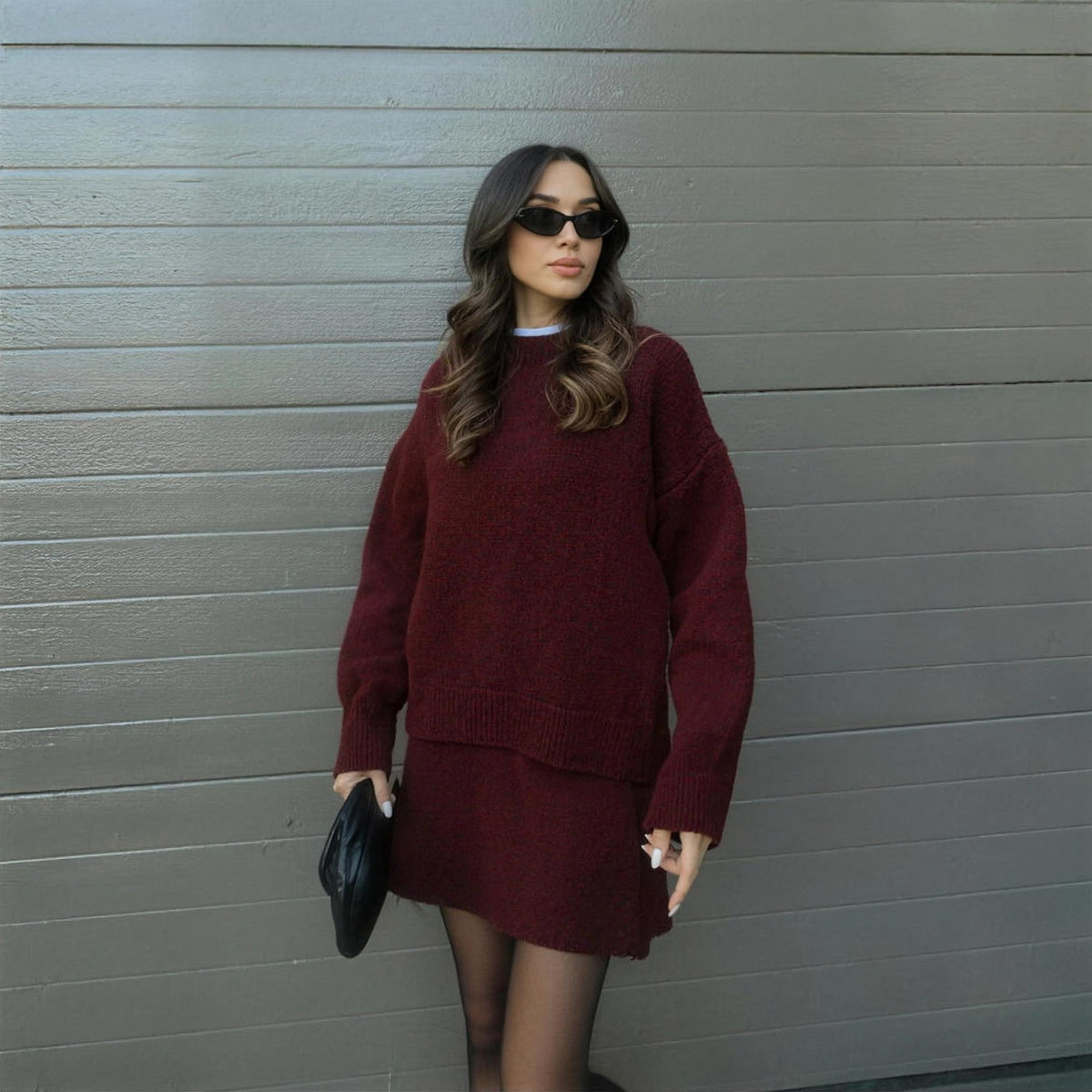 Beatrix knit jumper and skirt set in burgundy, front view