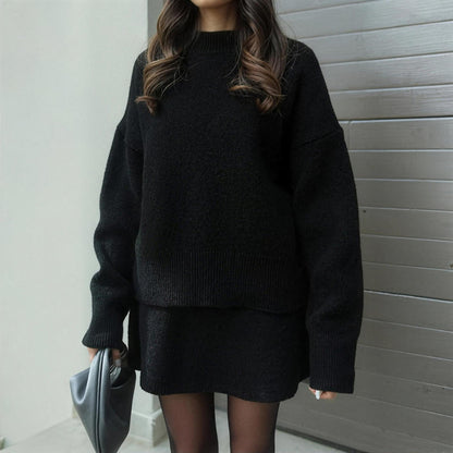 Beatrix black knit jumper and skirt, close-up
