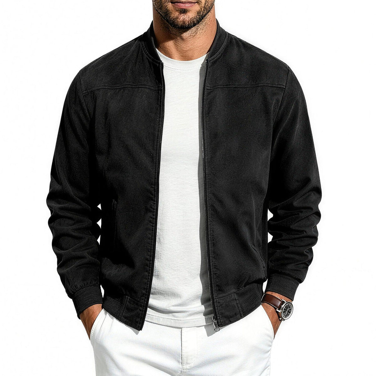 Bennett flight jacket in black, front view worn open