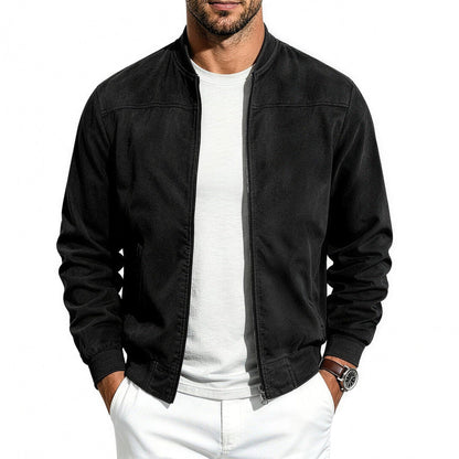 Bennett flight jacket in black, front view worn open