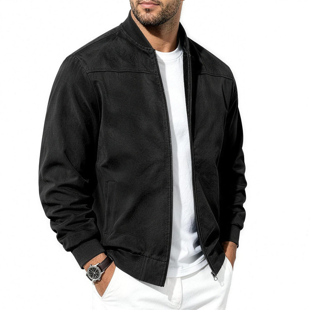 Bennett flight jacket in black, side angle