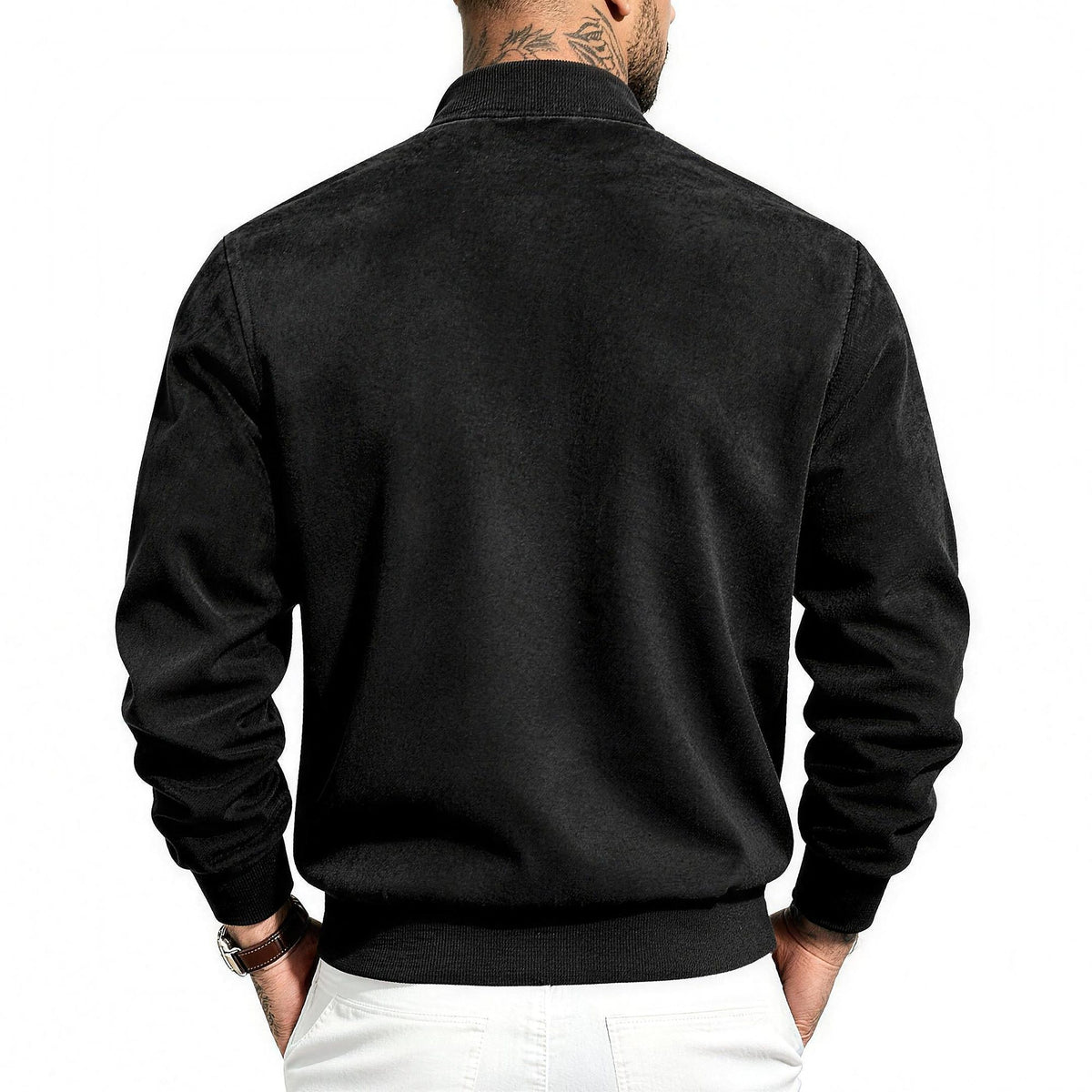 Bennett flight jacket in black, back view