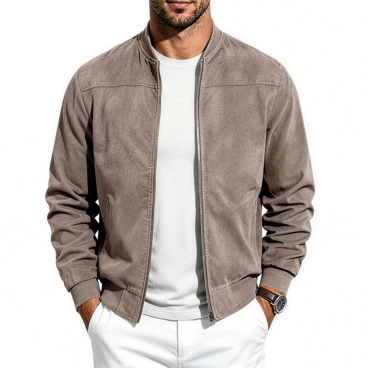 Bennett flight jacket in khaki, front view worn open