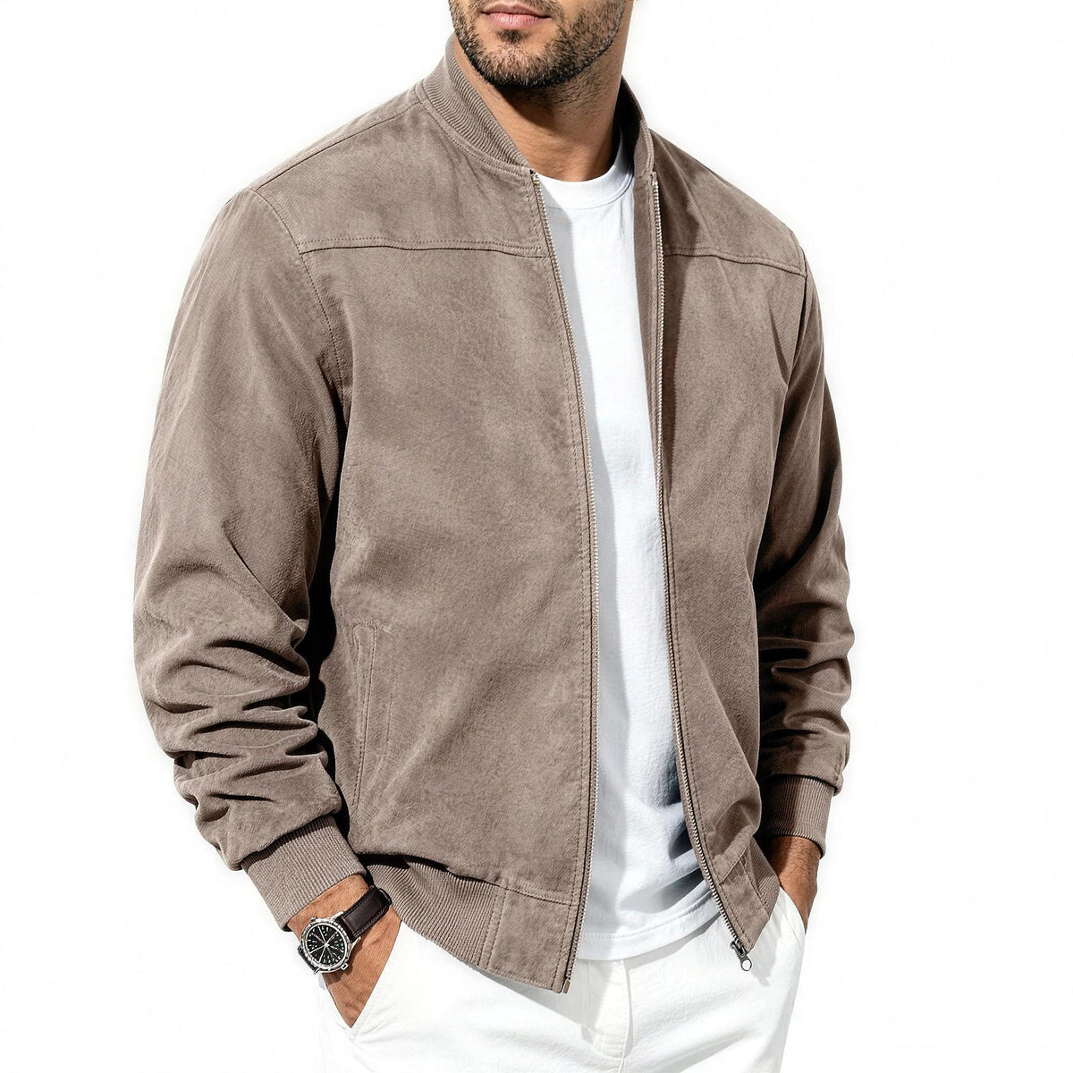 Bennett flight jacket in khaki, side angle