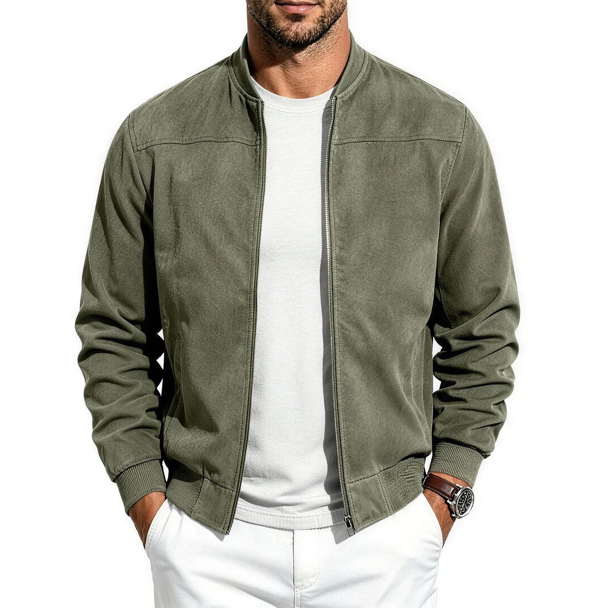 Bennett flight jacket in olive green, front view worn open