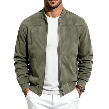 Bennett flight jacket in olive green, front view worn open