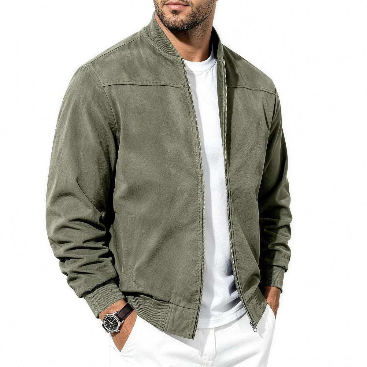 Bennett flight jacket in olive green, side angle