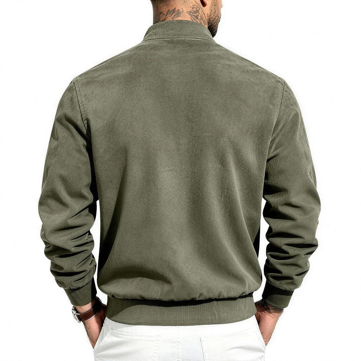 Bennett flight jacket in olive green, back view
