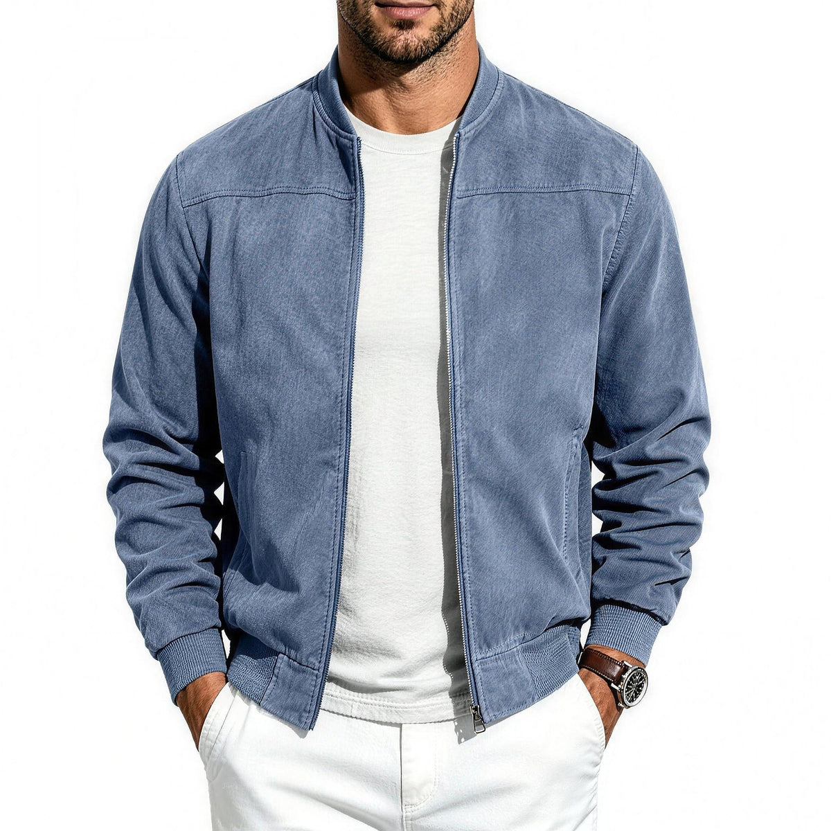 Bennett flight jacket in sky blue, front view