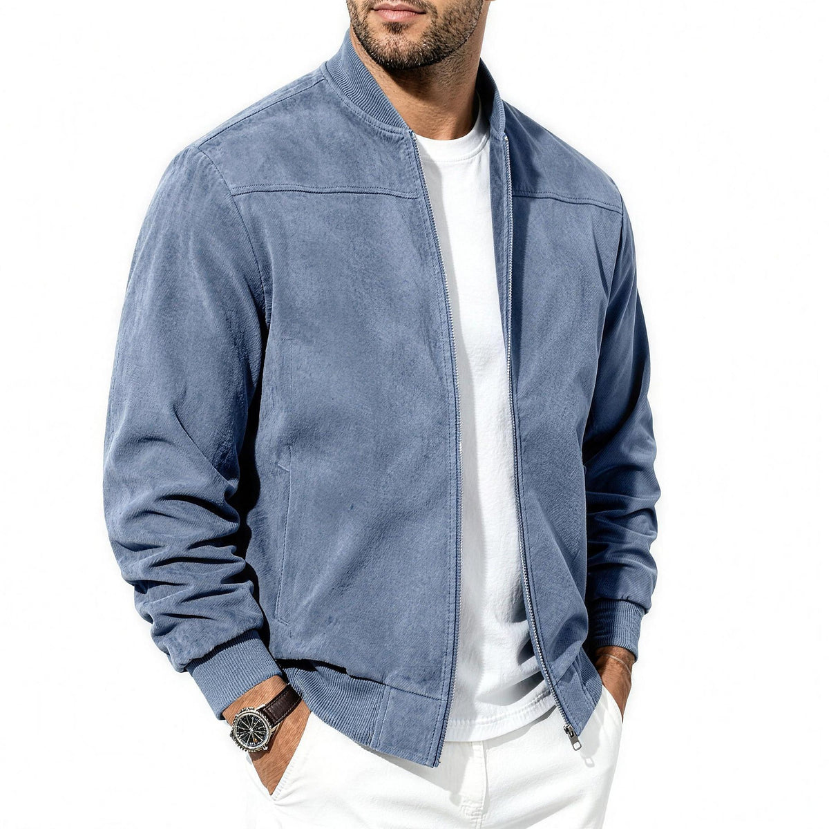 Bennett flight jacket in sky blue, side angle
