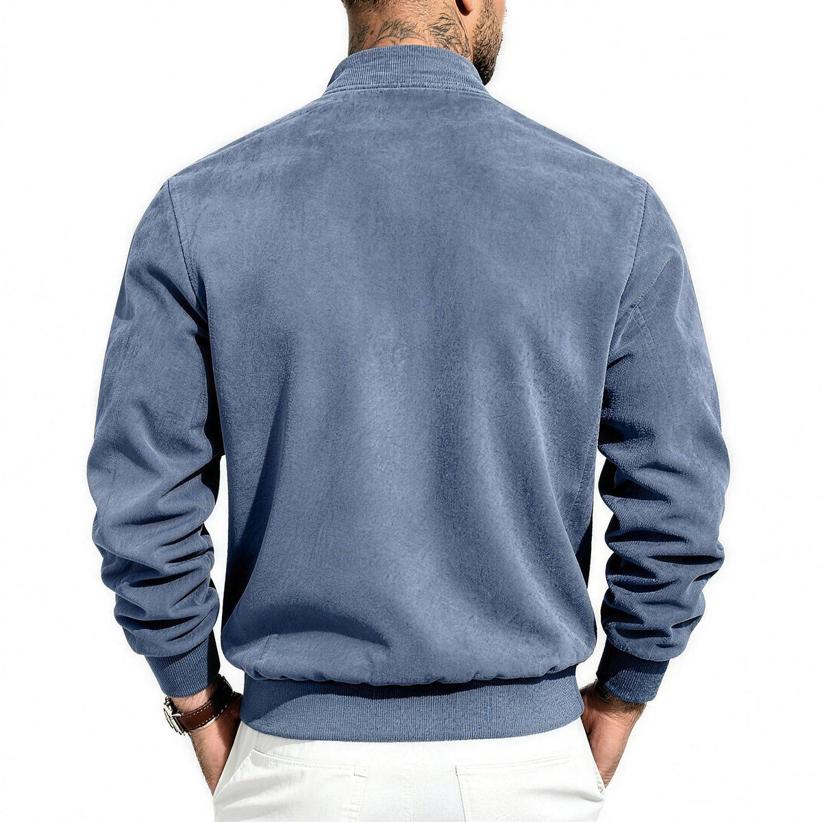Bennett flight jacket in sky blue, back view