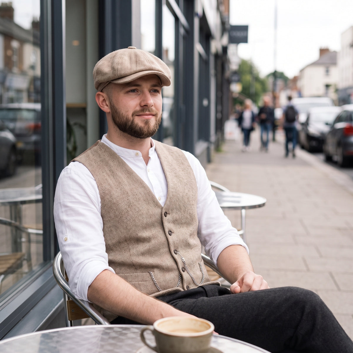 Birmingham snap brim cap in sand beige with a tweed waistcoat and grandad shirt
