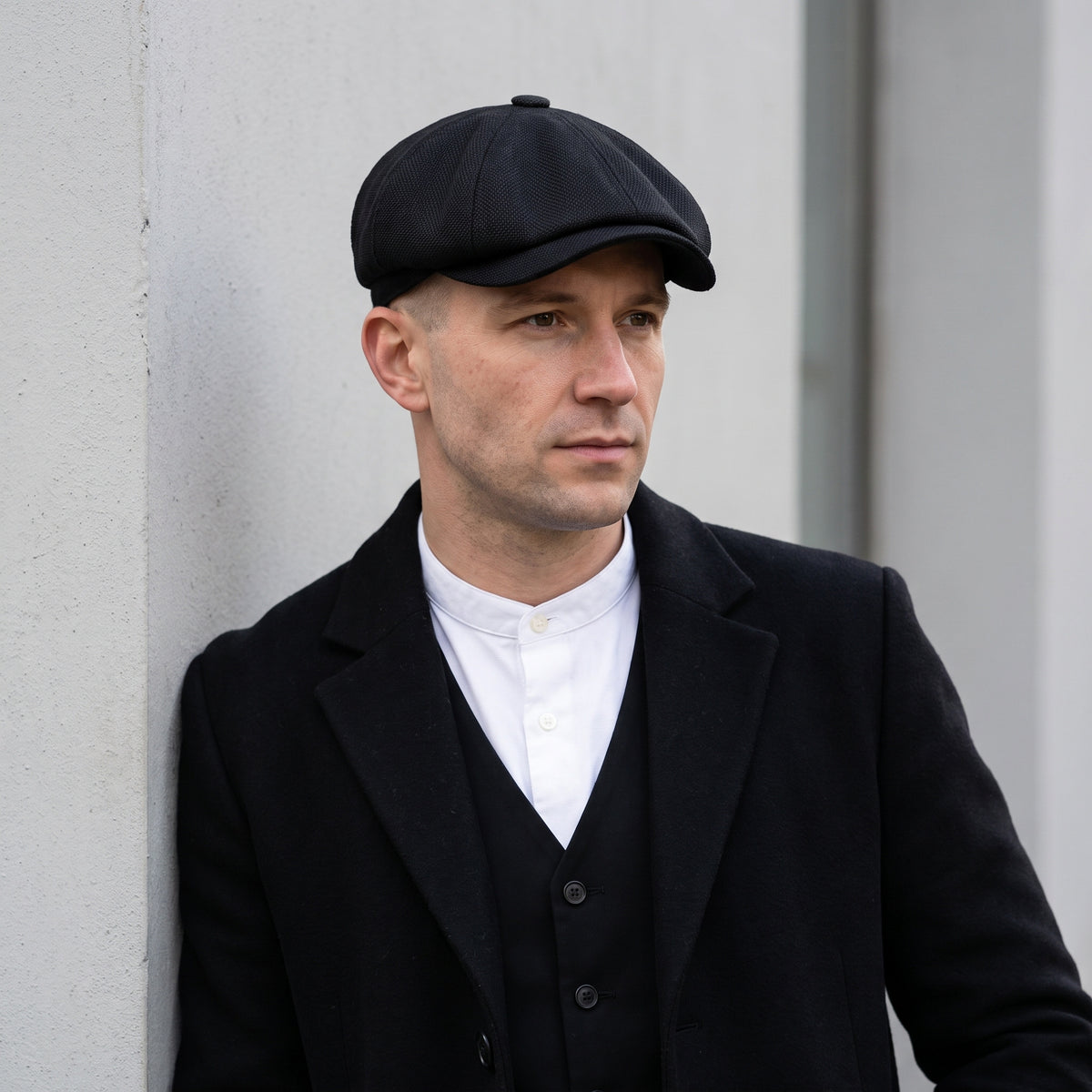 Birmingham snap brim cap in black with a waistcoat and grandad collar shirt
