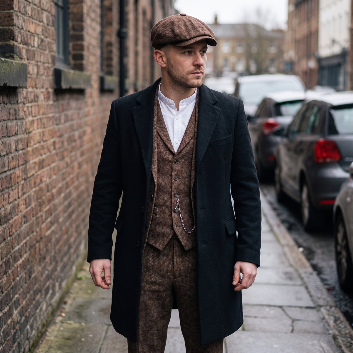 Birmingham snap brim cap in chocolate brown with a tweed three-piece and overcoat
