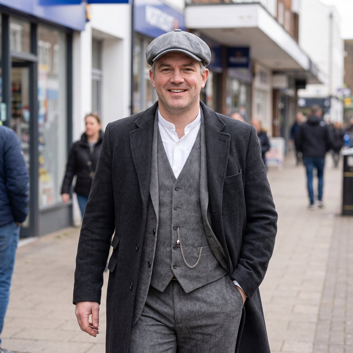 Birmingham snap brim cap in grey with a tweed three-piece and long overcoat