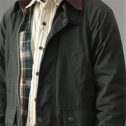 Braemar Waxed Field Jacket in Dark Green, worn