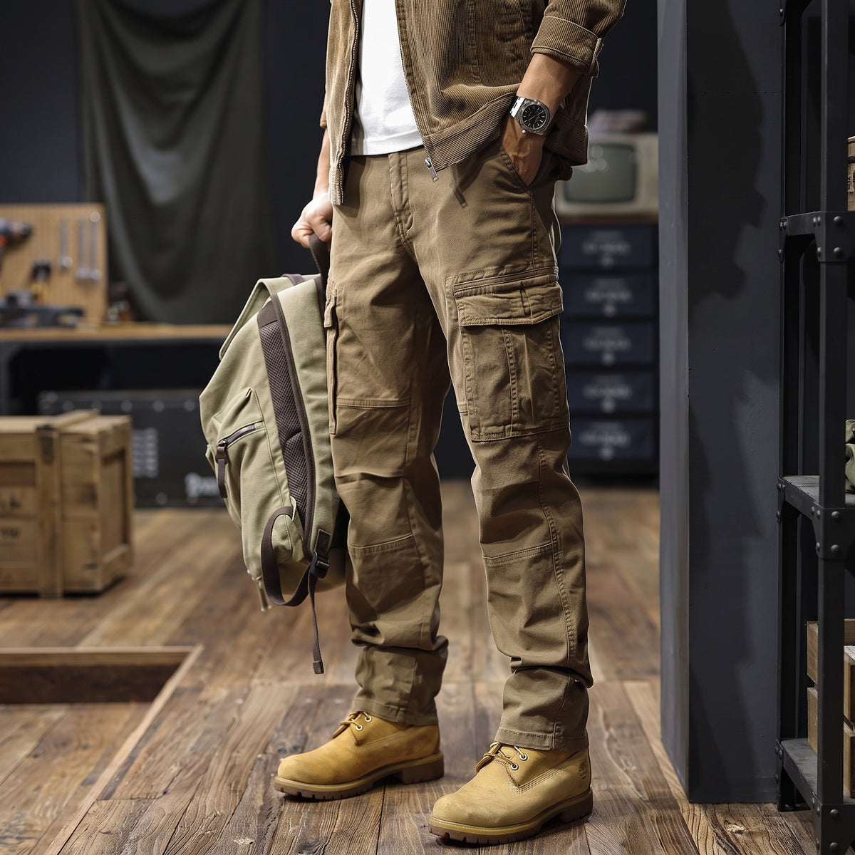 Camden straight cargo trousers in brown, worn with tan boots