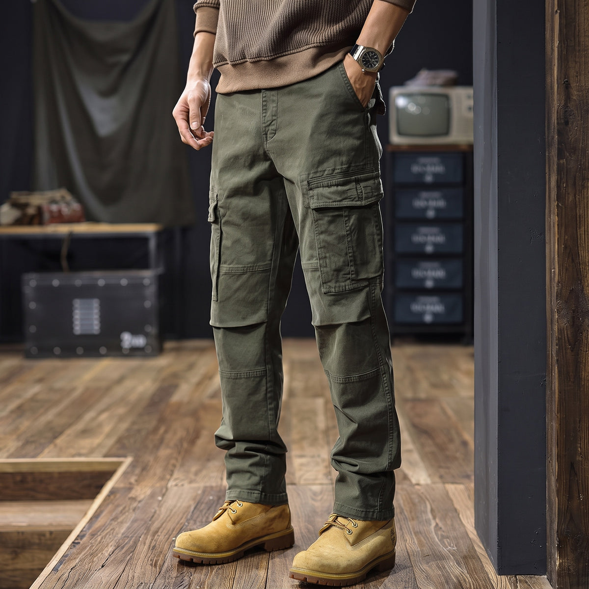 Camden straight cargo trousers in olive green, side view