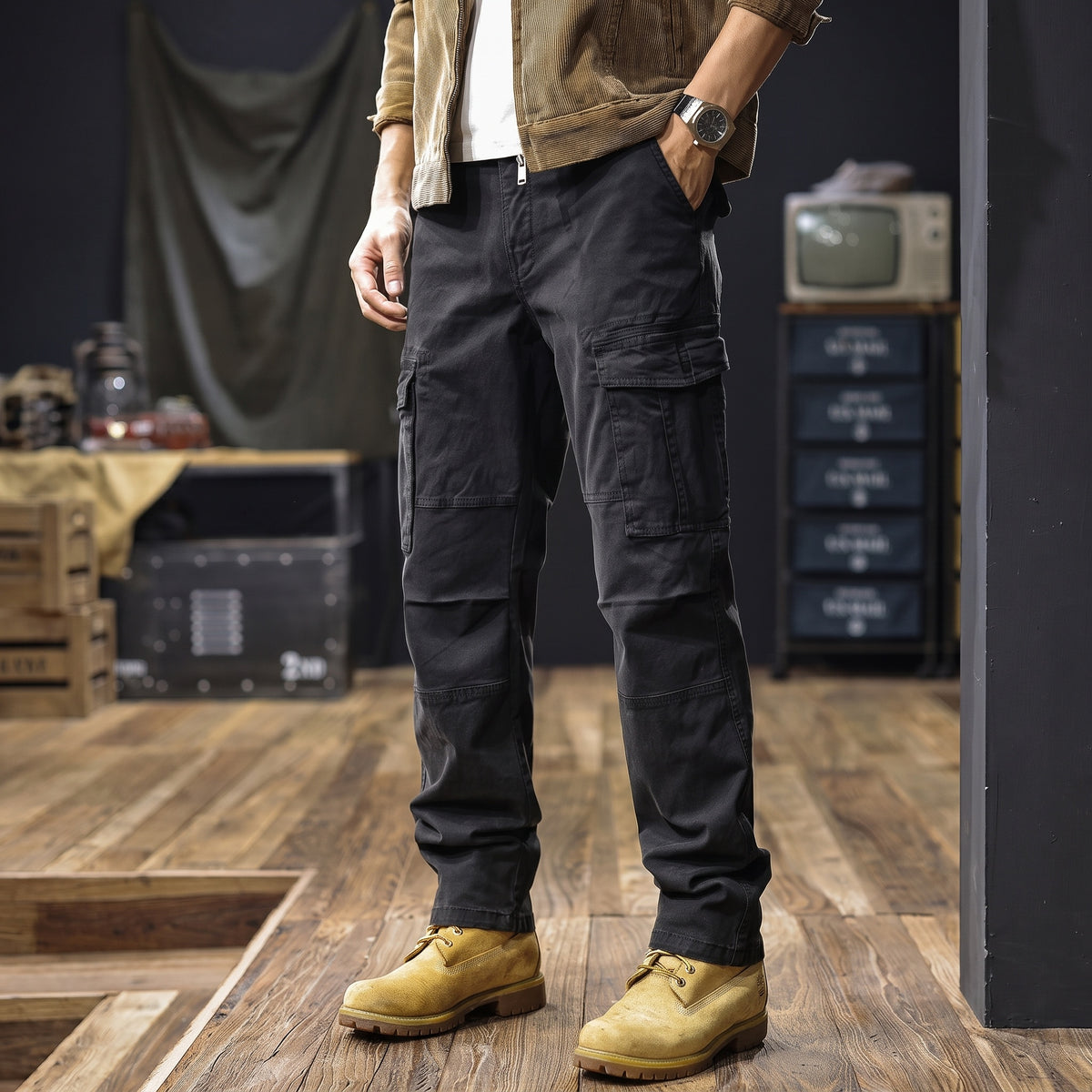Camden straight cargo trousers in black, full length