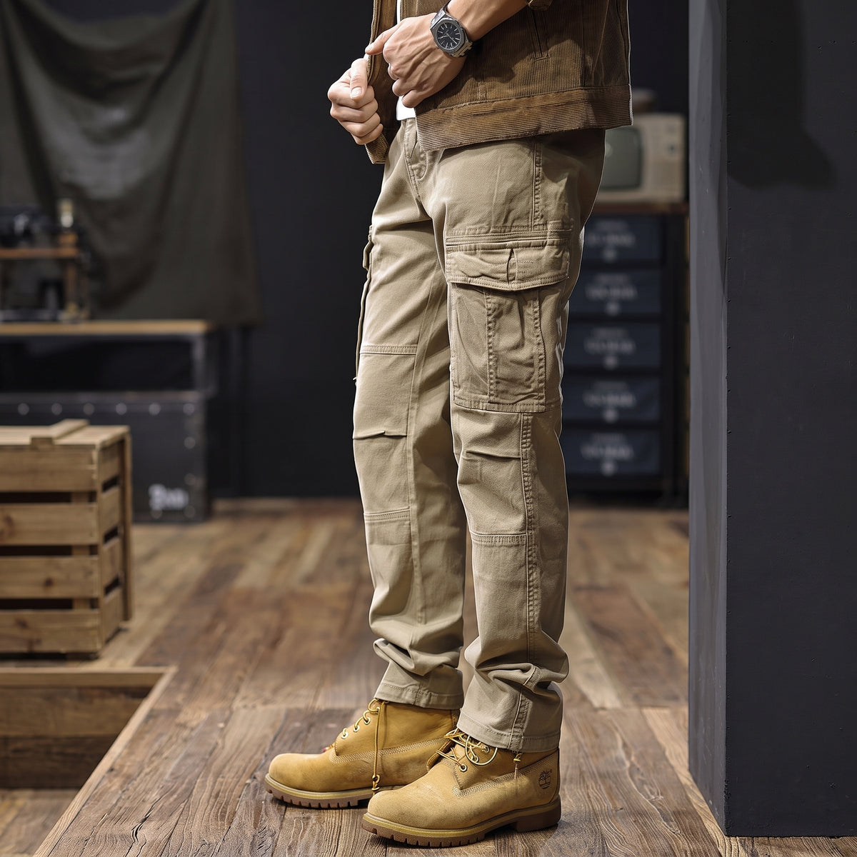 Camden cargo trousers in khaki, standing pose