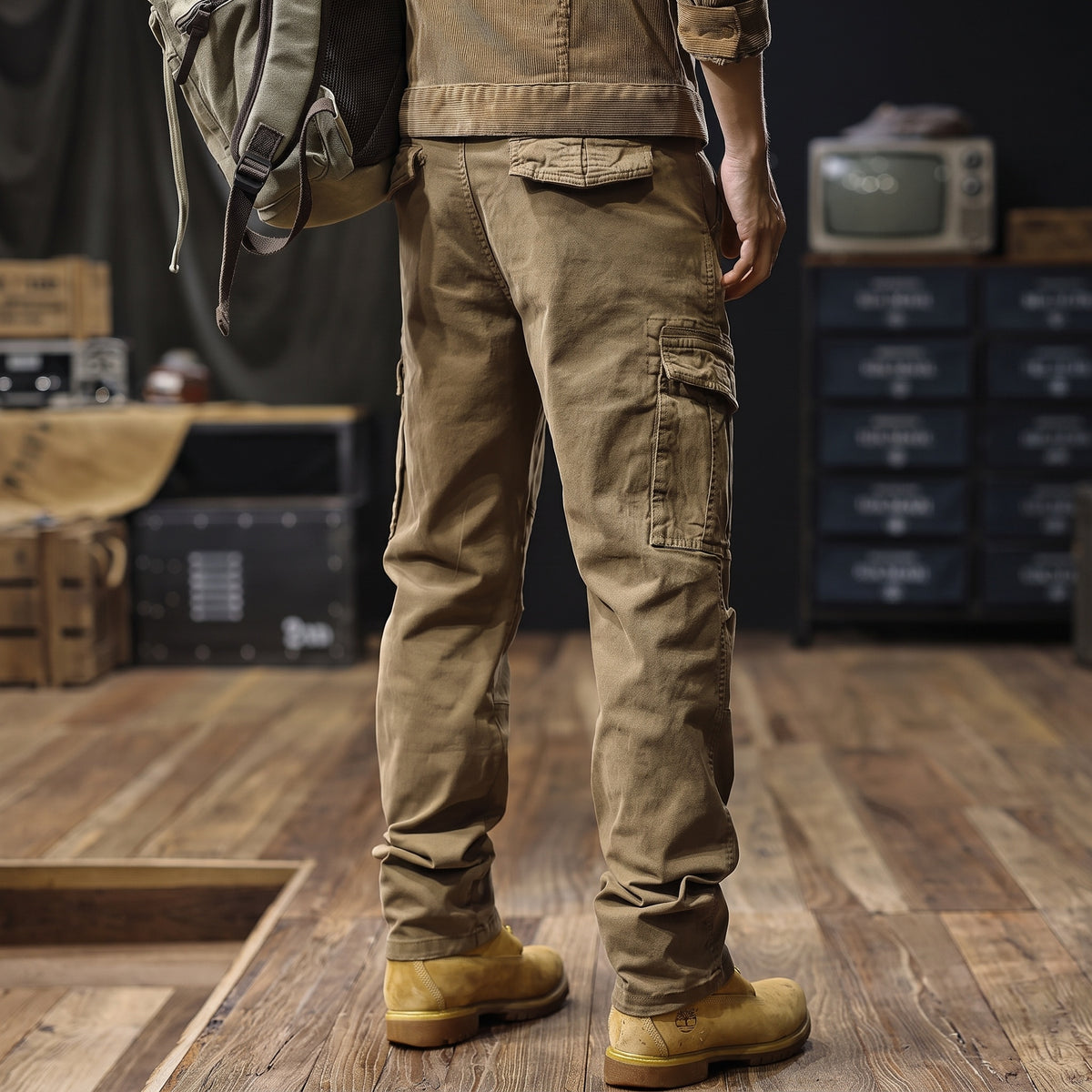 Camden cargo trousers in brown, back view showing rear pockets
