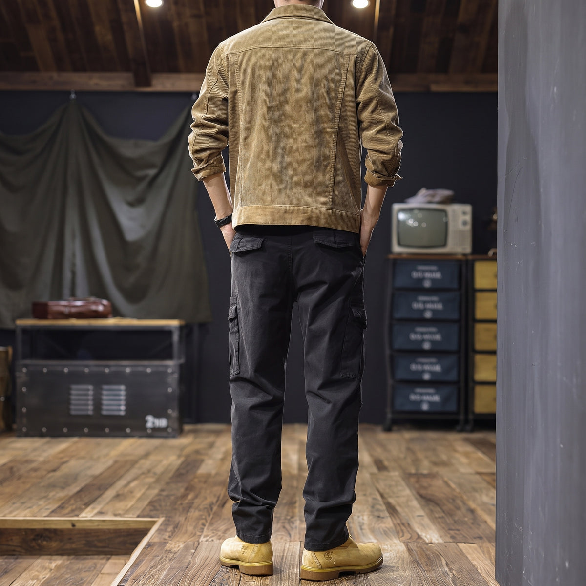 Camden cargo trousers in black, back view