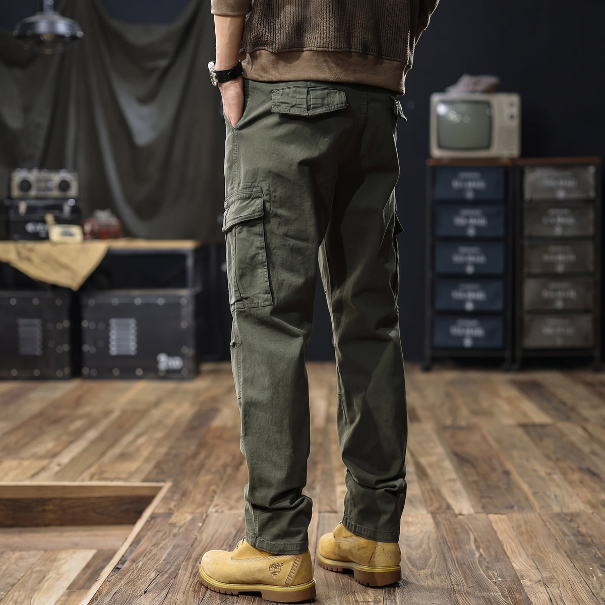 Camden cargo trousers in olive green, back view showing rear and cargo pockets
