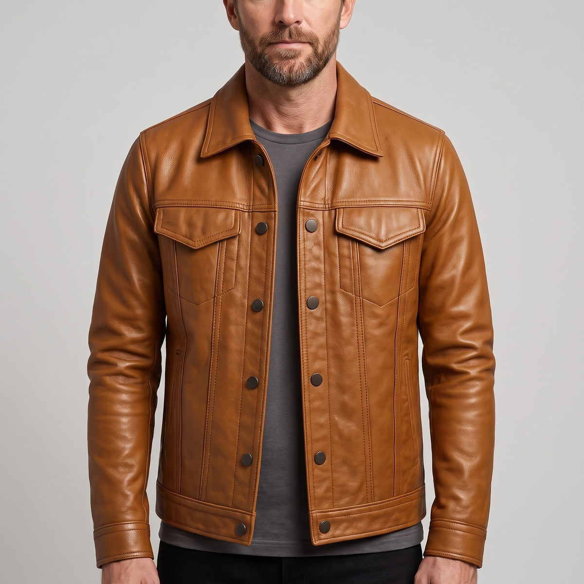 Cedric Leather Rider Jacket in brown, worn by a model