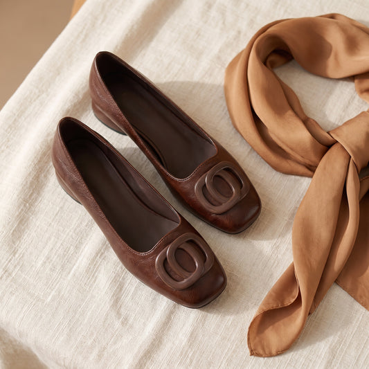 Colette flats in Brown, flat lay on linen with a silk scarf