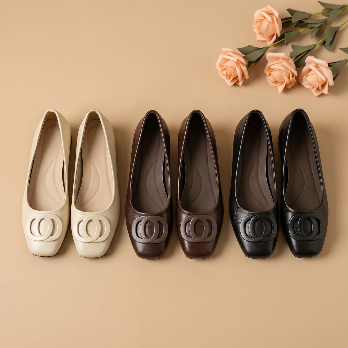 Colette flats in Cream, Brown and Black side by side